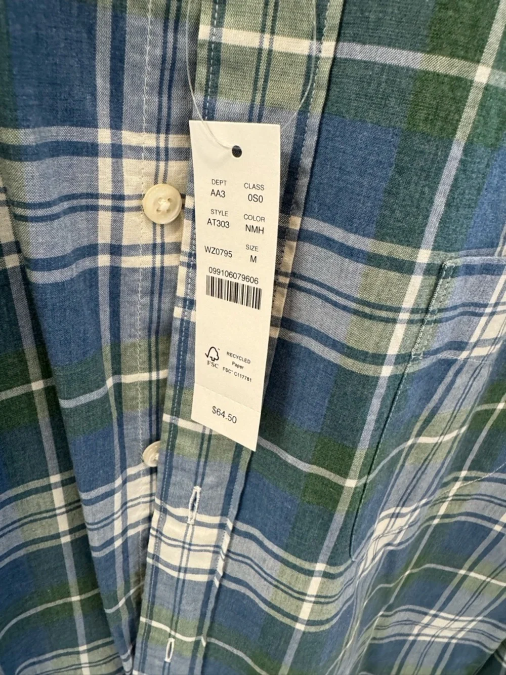 J. Crew Blue, Green & White Plaid Button-Down Shirt - Casual Collar